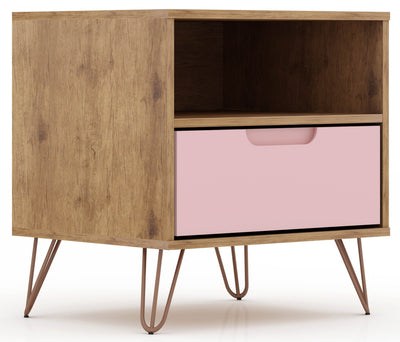 Manhattan Comfort Rockefeller Mid-Century Modern Nightstand with Drawer - Natural & Rose Pink|Table de nuit Rockefeller de Manhattan Comfort de style moderne du milieu du 20e siècle avec tiroir - naturelle et rose