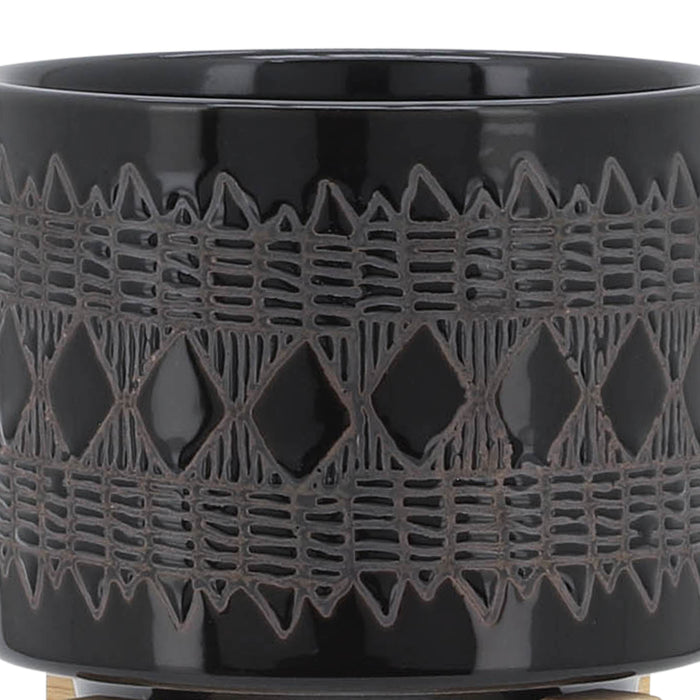 Ceramic 5\" Aztec Planter with Wood Stand - Black