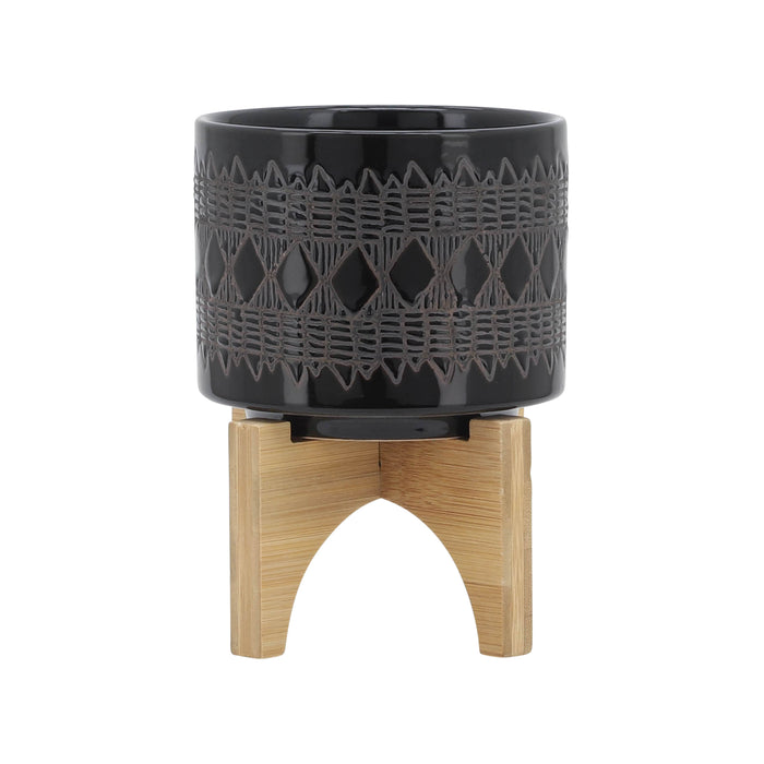 Ceramic 5\" Aztec Planter with Wood Stand - Black