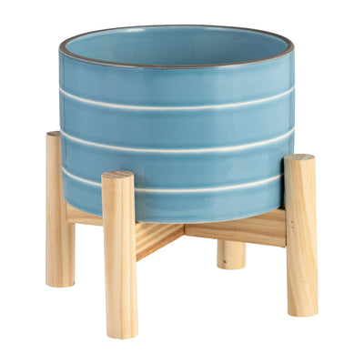 Ceramic 6" Striped Planter with Wood Stand - Sky Blue|Cache-pot rayé de 6 po en céramique avec support en bois - bleu ciel