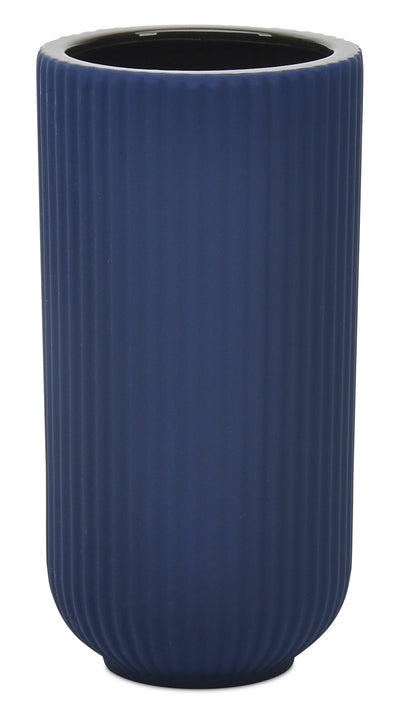 Navy 9" Ceramic Ridged Vase|Vase strié en céramique bleu marine de 9 po