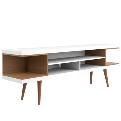 Manhattan Comfort Utopia 70.47" TV Stand with Splayed Wooden Legs & 4 Shelves - White Gloss & Maple Cream|Meuble pour téléviseur Utopia de Manhattan Comfort de 70,47 po avec pattes évasées en bois et 4 tablettes - blanc lustré et crème d'érable