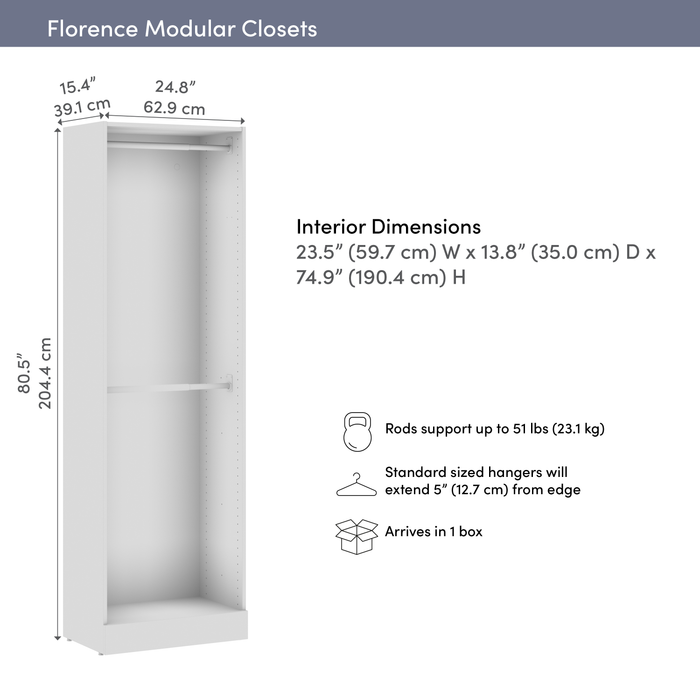 Bestar Florence 25\" Modular Double Hanging Closet System - White