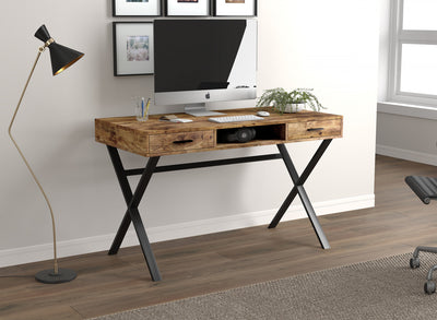 47” Computer Desk With 2 Drawers And 1 Shelf - Brown Reclaimed Wood With Black Metal | Bureau d’ordinateur de 47 po avec 2 tiroirs et 1 tablette - bois recyclé brun avec métal noir