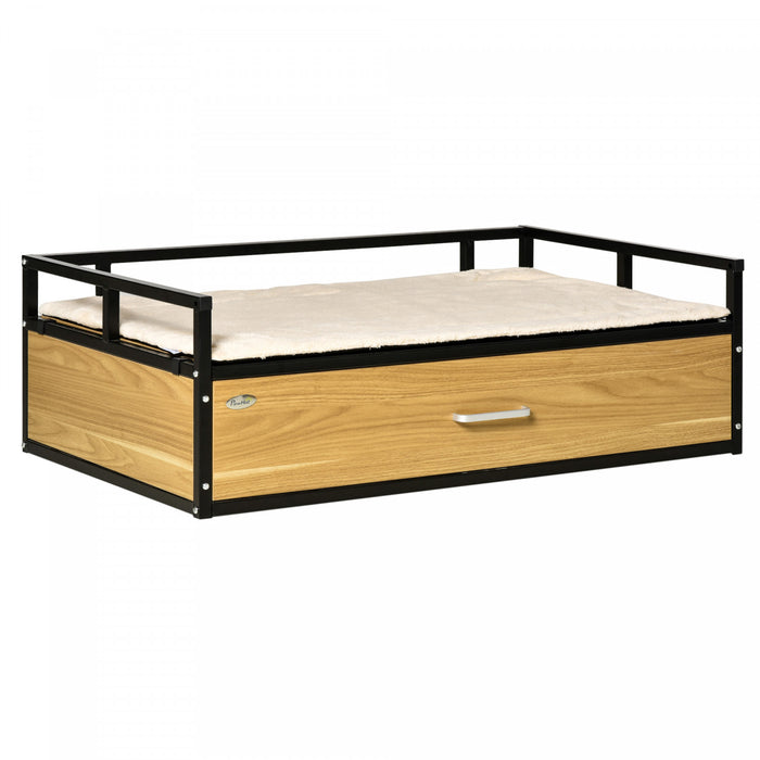 Pawhut 39.25\" Elevated Dog Bed, Furniture Style Pet Couch, Soft Modern Puppy Sofa, With Storage Drawer, Washable Cushion, Steel Frame, For Medium Dogs, Oak