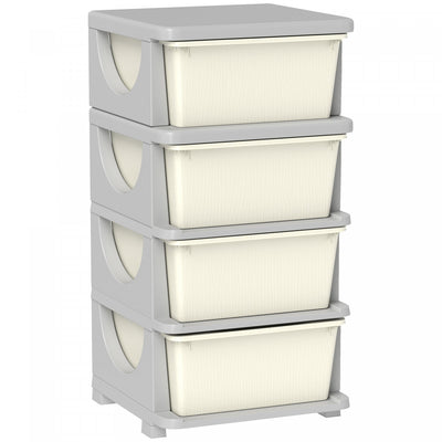 Qaba Kids Toy Storage Organizer With 4 Plastic Bins, 4 Tier Drawer Chest Utility For Kids Bedroom Nursery Kindergarten Living Room For Boys Girls Toddlers, Cream White