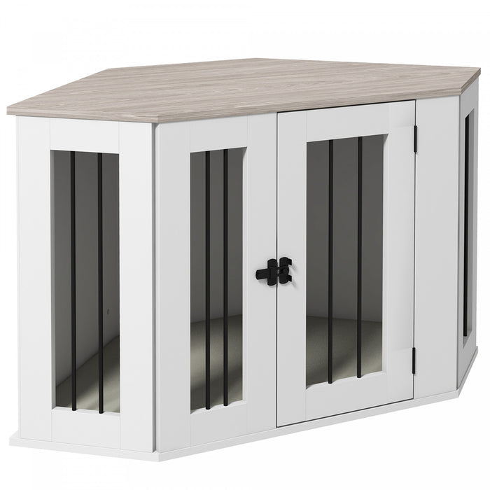Pawhut Corner Dog Crate Furniture, 41\" Dog Crate End Table With Cushion, Door, Lock, Indoor Dog Cage For Medium And Small Dogs, White
