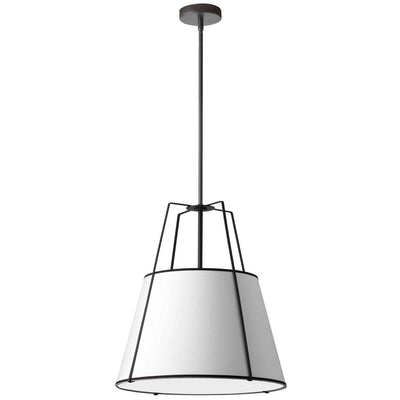 Dainolite Trapezoid 3 Light Pendant Trapezoid Black/White Shade White Fabric Diffuser Lamp|Luminaire suspendu Trapezoid de Dainolite avec abat-jour trapézoïde noir et blanc qui diffuse la lumière, tissu blanc et 3 ampoules
