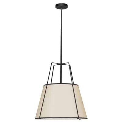 Dainolite Trapezoid 3 Light Pendant Trapezoid Black/Cream Shade White Fabric Diffuser Lamp|Luminaire suspendu Trapezoid de Dainolite avec abat-jour trapézoïde noir et crème qui diffuse la lumière, tissu blanc et 3 ampoules