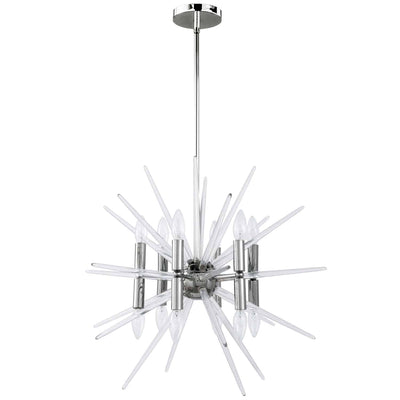 Dainolite Vela 12 Light Chandelier Polished Chrome Finish Clear Acrylic Spikes Lamp|Lustre Vela de Dainolite à pointes en acrylique transparent, avec fini chromé poli et 12 ampoules