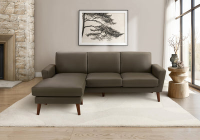 Upholstered Chaise Sofa Lounger, 86" Wide, Dark Brown Leather-Look, Walnut Solid Wood Legs Sofa | Sofa Chaise Longue Rembourre, 85"L, Aspect Cuir Marron Fonce, Pieds En Bois Massif