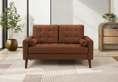 Upholstered Love Seat, 58" L, Rust Fabric, Walnut Wood Legs, Mid-Century Loveseat | Causeuse Rembourre, 58" L, Salon, Tissu Rouille, Pieds En Bois De Noyer, Mid Century