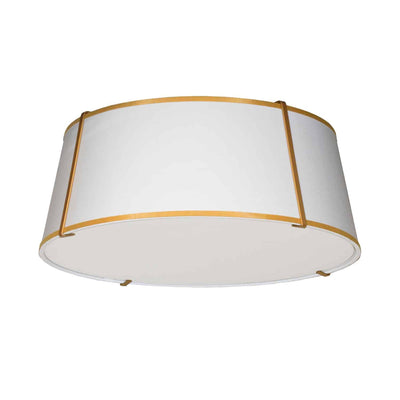 Dainolite Trapezoid 4 Light Flush Mount Tapered Drum Shaped Gold/White Shade White Fabric Diffuser Lamp|Plafonnier affleuré Trapezoid de Dainolite avec abat-jour cylindrique effilé doré et blanc qui diffuse la lumière, tissu blanc et 4 ampoules