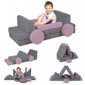 Qaba 12-piece Modular Kids Play Couch Building Fort For Playroom Bedroom, Convertible Kids Sofa Foam And Floor Cushion, Boys And Girls, Grey