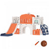 Qaba Toddler Slide, 9 in 1 Slide for Kids with Basketball Hoop, Climber, Telescope, Tunnel, Steering Wheel, Aisle, Storage Baskets, Indoor Slide Playset for 1-3 Years, Orange