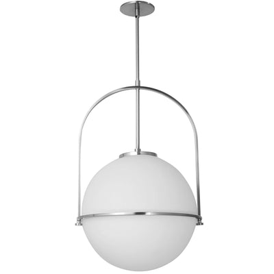 Dainolite Paola 1 Light Pendant Large Polished Chrome White Opal Glass Lamp|Grand luminaire suspendu Paola de Dainolite en verre blanc opale, avec fini chromé poli et 1 ampoule