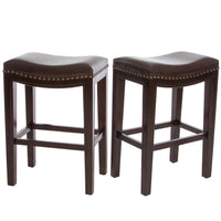 Tiffin Counter Stools Set Of 2, Saddle Seat With Studded Trim, Vegan Leather - Brown