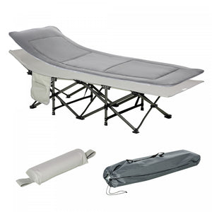 Outsunny Folding Camping Cot For Adults With Mattress Pillow Light Grey