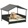 Pawhut Rattan Dog House Outdoor With Shade Canopy, Elevated Wicker Dog Bed With Soft Cushion Washable Cover, For Medium Large Dogs, Cream White