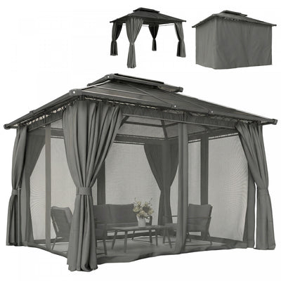 Outsunny 10' x 12' Double Roof Hardtop Gazebo with Curtains, Black