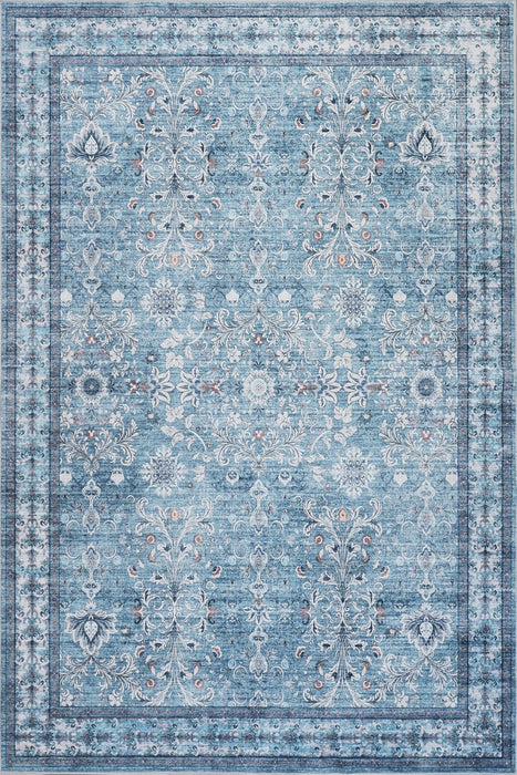 Aqua Green Flora Washable Non-slip Low Pile Area Rug 5'x7'