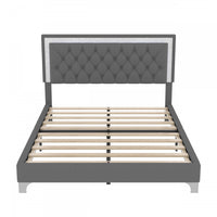 Sophia Upholstered Bed Frame With Led Lights And Velvet Tufted Headboard,queen Size,grey Queen Bed