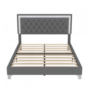 Sophia Upholstered Bed Frame With Led Lights And Velvet Tufted Headboard,queen Size,grey Queen Bed