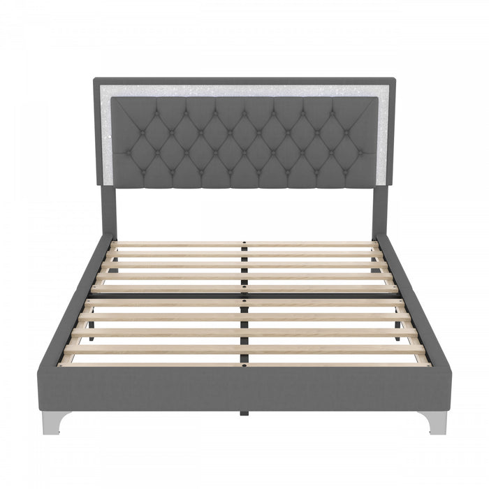 Sophia Upholstered Bed Frame With Led Lights And Velvet Tufted Headboard,queen Size,grey Queen Bed