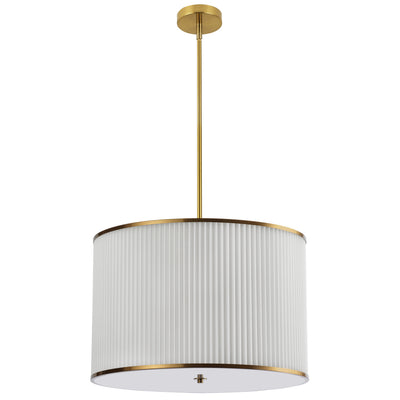 Dainolite Prudy 4 Light Pendant Aged Brass White Pleated Shade Lamp|Luminaire suspendu Prudy de Dainolite avec abat-jour plissé blanc, fini laiton vieilli et 4 ampoules