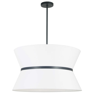 Dainolite Caterine 4 Light Pendant 24" Dia Matte Black Finish Black Ring/White Shade Lamp|Luminaire suspendu Caterine de Dainolite de 24 po de diamètre, avec abat-jour blanc, anneau noir, fini noir mat et 4 ampoules
