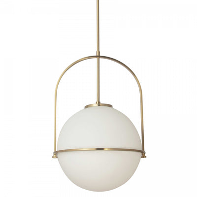 Dainolite Paola 1 Light Pendant Large Aged Brass White Opal Glass Lamp|Grand luminaire suspendu Paola de Dainolite en verre blanc opale, avec fini laiton vieilli et 1 ampoule