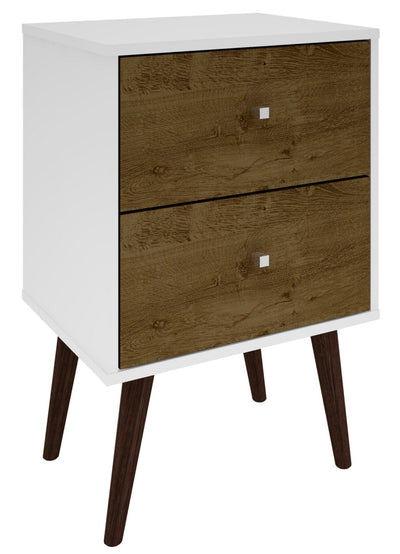 Manhattan Comfort Liberty Mid-Century Modern Nightstand with 2 Full Extension Drawers - White & Rustic Brown|Table de nuit Liberty de Manhattan Comfort de style moderne du milieu du 20e siècle avec 2 tiroirs à extension complète - blanche et brun rustique