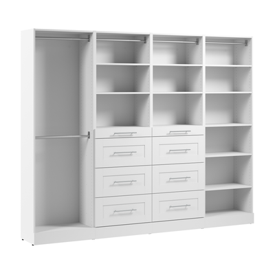 Bestar Florence 100" Modular Reach-In/Walk-In Closet System with Rods, Shelves and Drawers Shaker Style - White|Système de garde-robe et pièce-penderie modulaire Florence de Bestar de 100 po avec tringles, tablettes et tiroirs de style Shaker - blanc