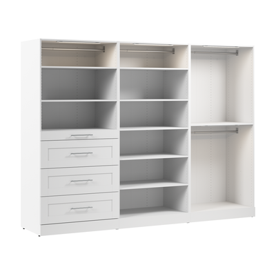 Bestar Florence 107" Modular Walk-In Closet System with LED Lights, Rods, Shelves and Drawers Shaker|Système de pièce-penderie modulaire Florence de Bestar de 107 po avec éclairages à DEL, tringles, ta