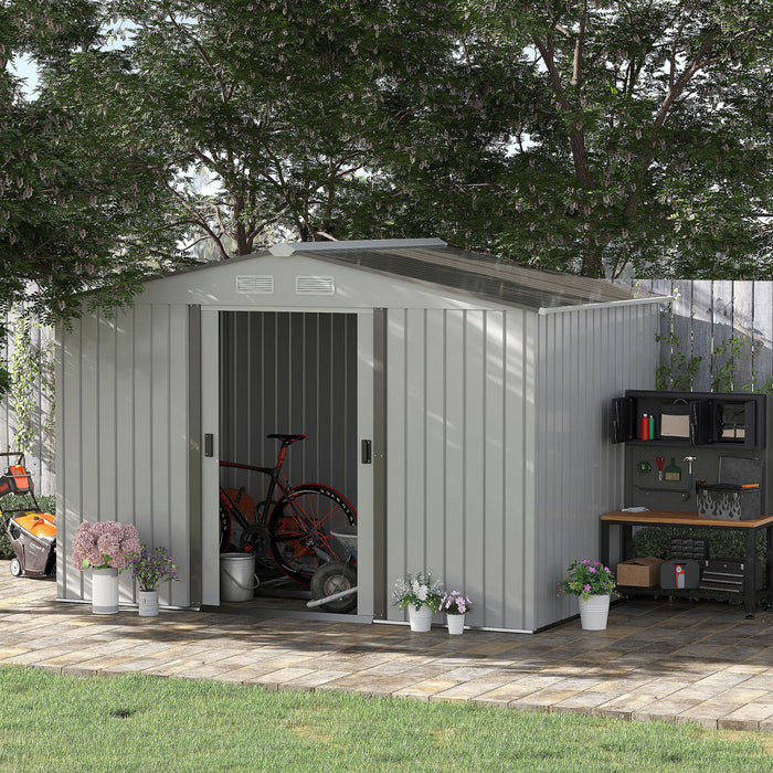Outsunny 9' X 6' Garden Storage Shed With Floor Foundation, Metal Tool Storage House With Double Doors For Outdoor Patio Yard, Silver