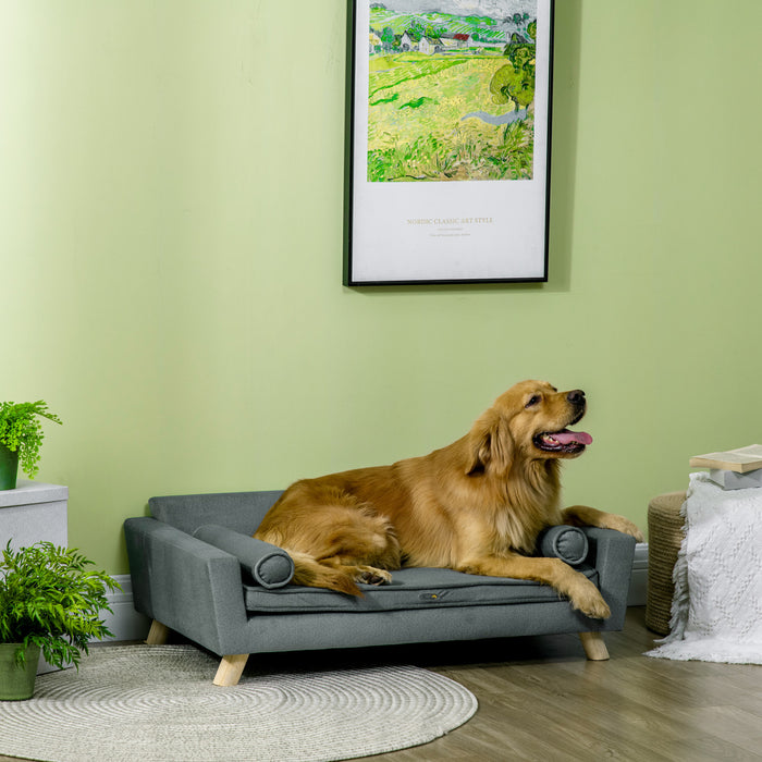 Pawhut Dog Sofa Bed With Removable Pillows, Foam Pet Sofa Cat Sofa With Removable Washable Cushion, Water-resistant Fabric, For Medium And Large Dogs, Grey