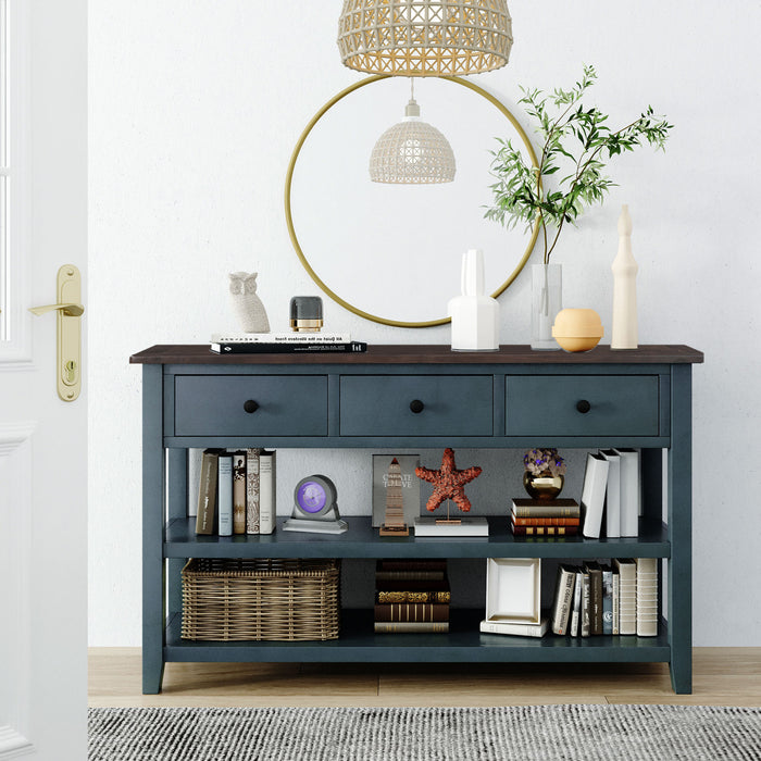 Wendy Solid Wood Console Table With 3 Drawers And 2 Open Shelves,navy Blue Accent Cabinet