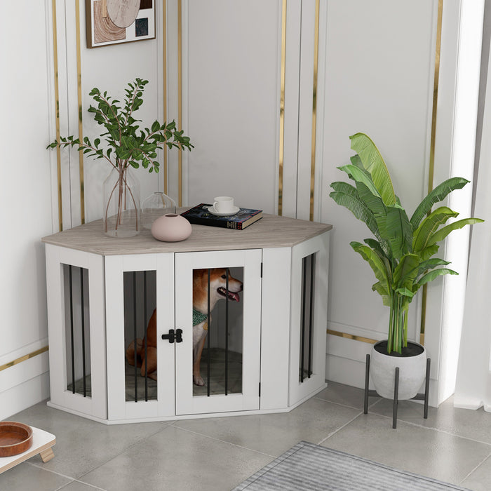 Pawhut Corner Dog Crate Furniture, 41\" Dog Crate End Table With Cushion, Door, Lock, Indoor Dog Cage For Medium And Small Dogs, White