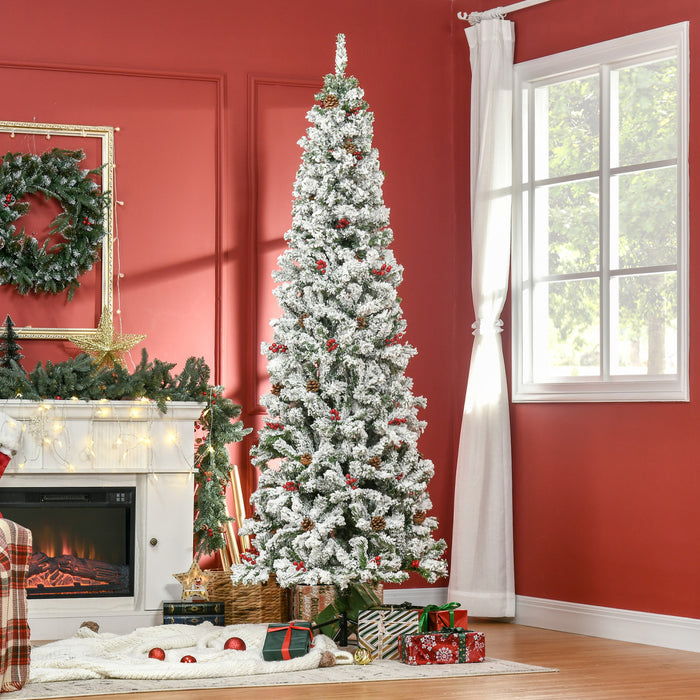 Homcom 7.5ft Snow Artificial Christmas Tree W/ Pine Cone, Red Berry