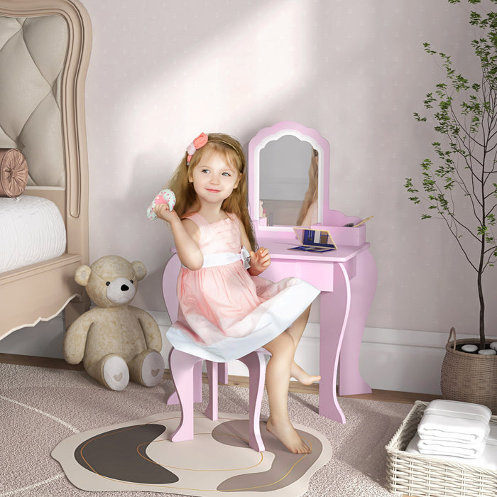 Qaba Kids Vanity Set With Mirror And Stool, Makeup Vanity Table For Children 3-6 Years Old, With Drawer Storage Boxes, Cloud-design