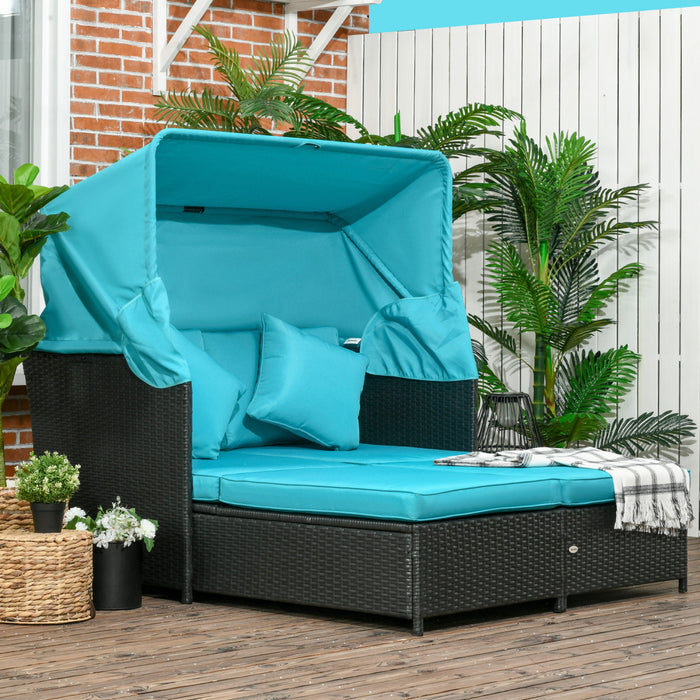 Outdoor Double Lounge Daybed W/ Awning & Cushions Sun Lounger, Green