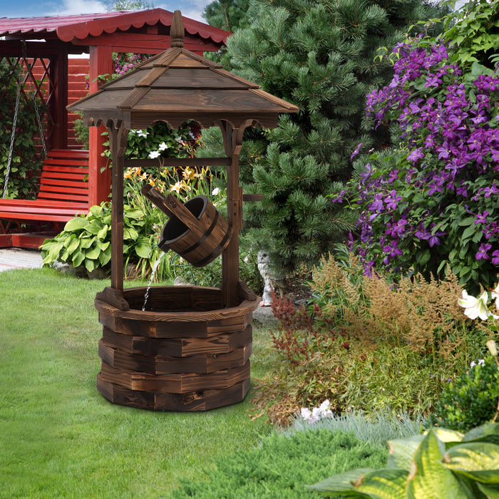Outdoor Wooden Wishing Well Fountain With Hanging Barrel, 47.25\" Tall Rustic Waterfall Fountain With Electric Pump, Stained Wood