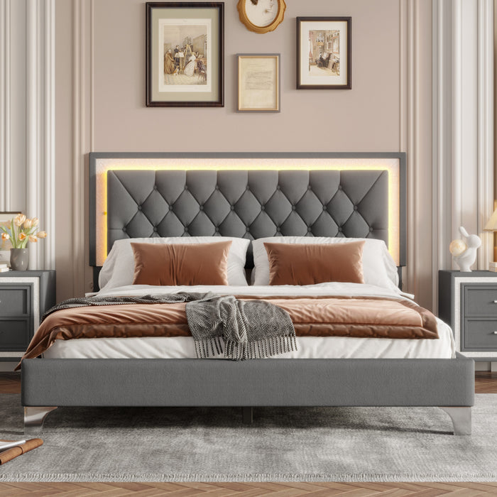 Sophia Upholstered Bed Frame With Led Lights And Velvet Tufted Headboard,queen Size,grey Queen Bed