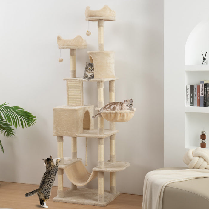 Pawhut Cat Tower, 81\" Cat Tree For Large Cats Adult W/ Scratching Posts, Scratching Board, Cat Condos, Cat Beds, Hammocks, Jumping Platforms, Toy Balls, Rope Cat Toy, Beige