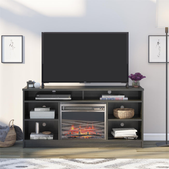 Ameriwood Home Hendrix 55\" TV Stand with Electric Fireplace Insert and Shelves - Black Oak
