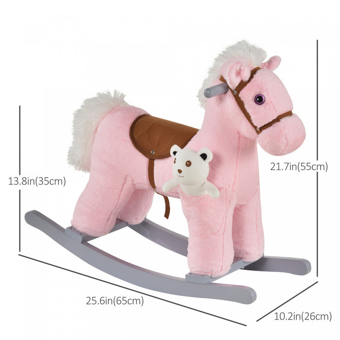 Qaba Kids Plush Ride-on Rocking Horse With Bear Toy, Children Chair With Soft Plush Toy & Fun Realistic Sounds, Pink