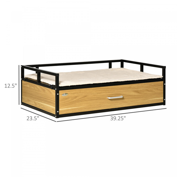 Pawhut 39.25\" Elevated Dog Bed, Furniture Style Pet Couch, Soft Modern Puppy Sofa, With Storage Drawer, Washable Cushion, Steel Frame, For Medium Dogs, Oak