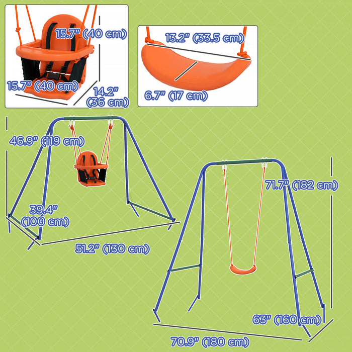 Outsunny 2 In 1 Toddler Swing Set, Metal Swing Set With Safety Harness For Baby, Kids 6 Months+, Heavy Duty Swing Set For Indoor/outdoor, Backyard Play, Orange