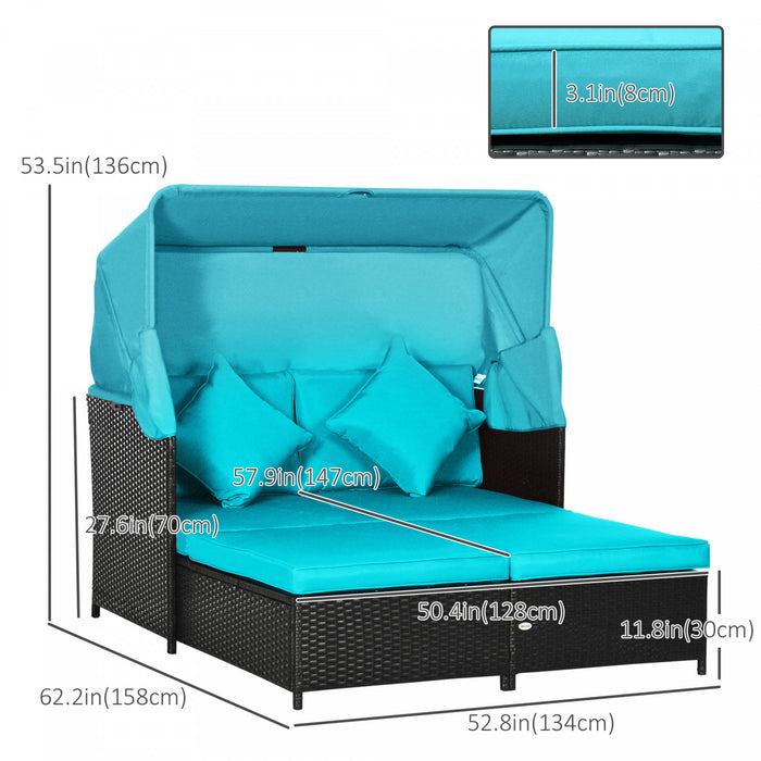 Outdoor Double Lounge Daybed W/ Awning & Cushions Sun Lounger, Green