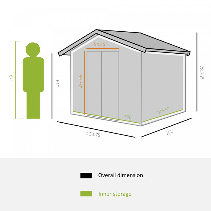 Outsunny 11' X 13' Practical Backyard Garden Storage Tool Shed Double Sliding Door 4 Ventilation Slots, Grey